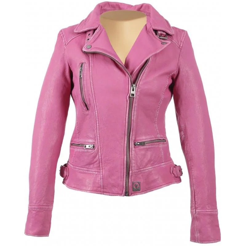 classic trench raincoat for women -Anorah’s Fuschia Biker Style Leather Jacket