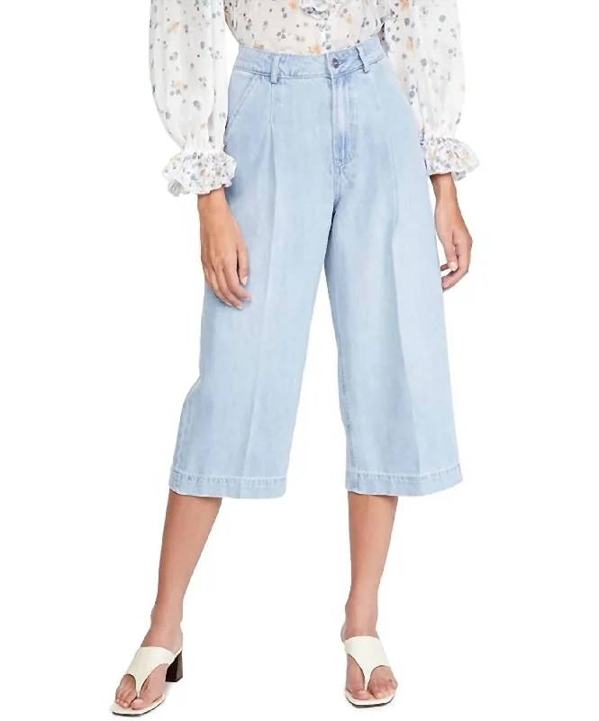 ladies' rugged distressed denim -Clarice High Waist Culotte Crop Jeans In Blue