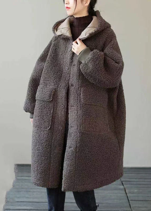 women's thermal long coat -Fashion Coffee Button Pockets Warm Faux Fur Hooded Coat Long Sleeve