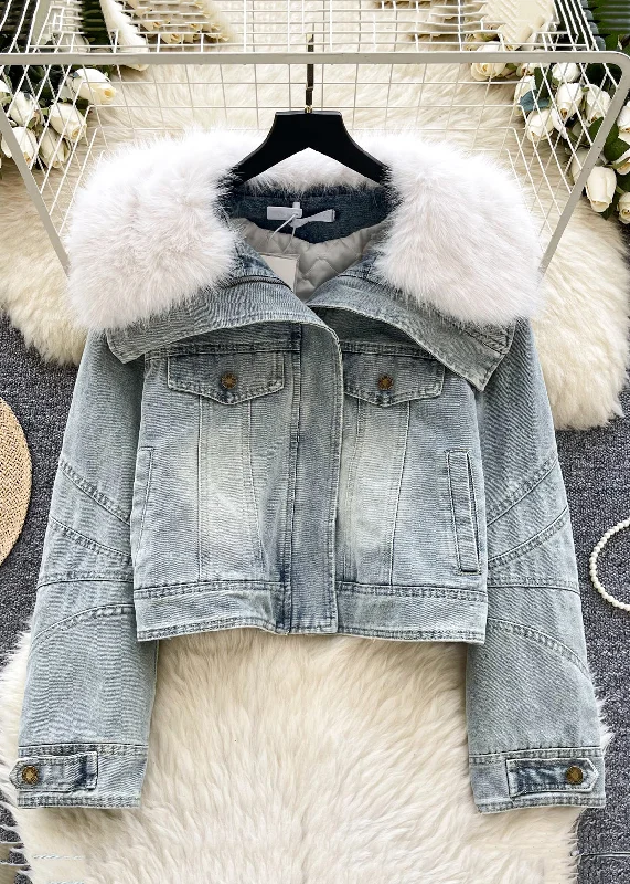 elegant long coat for women -French Blue Fur Collar Zippered Thick Denim Coat Winter