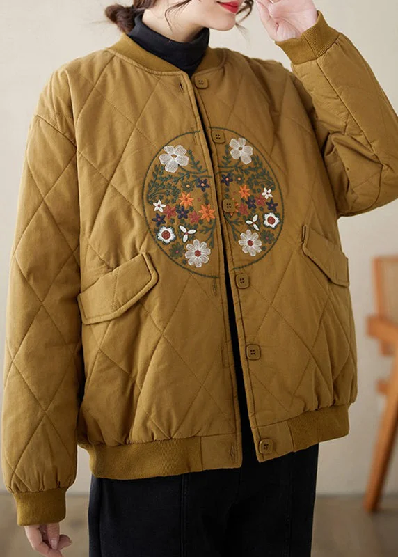 oversized women's coat -Loose Khaki Embroidered Button Pockets Thick Coats Winter