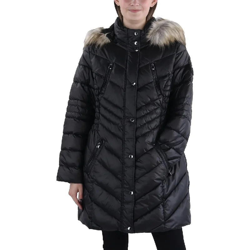 women's sherpa-lined jacket -Plus Womens Faux Fur Trim Hooded Puffer Jacket