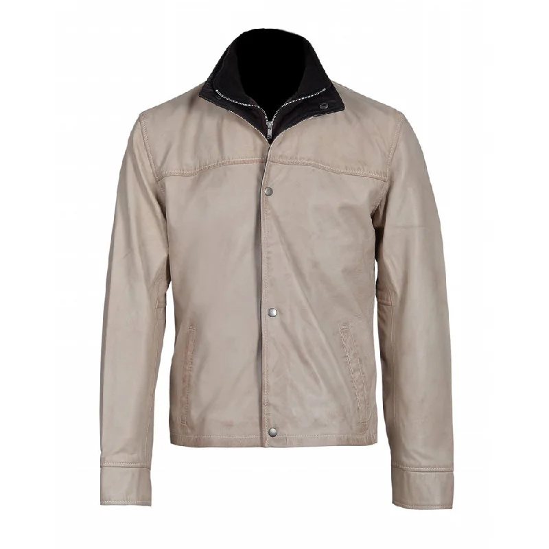 ladies' fleece zip-up jacket -Barnes Bone White hand waxed double collar leather jacket