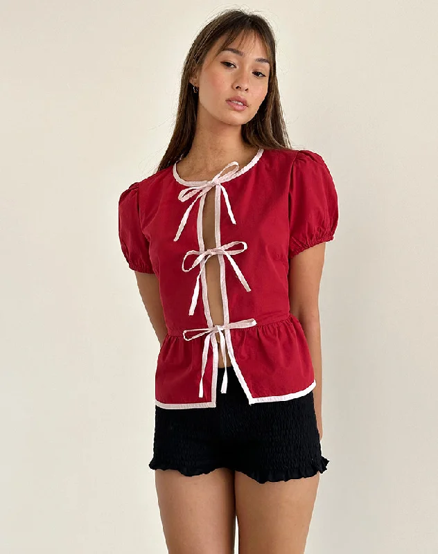 women's classic polo shirt -Ryota Tie Front Blouse in Adrenaline Red with Pink Binding