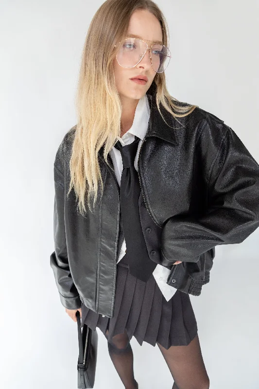 fashionable metallic puffer jacket for women -VINTAGE INSPIRED VEGAN LEATHER BOMBER JACKET