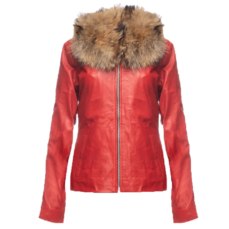 stylish women's blazer -Palmyra Rose Red Leather Jacket With Fur Collar