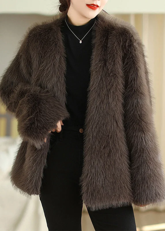 classic trench raincoat for women -Boutique Fashion Coffee V Neck Faux Fur Coats Winter