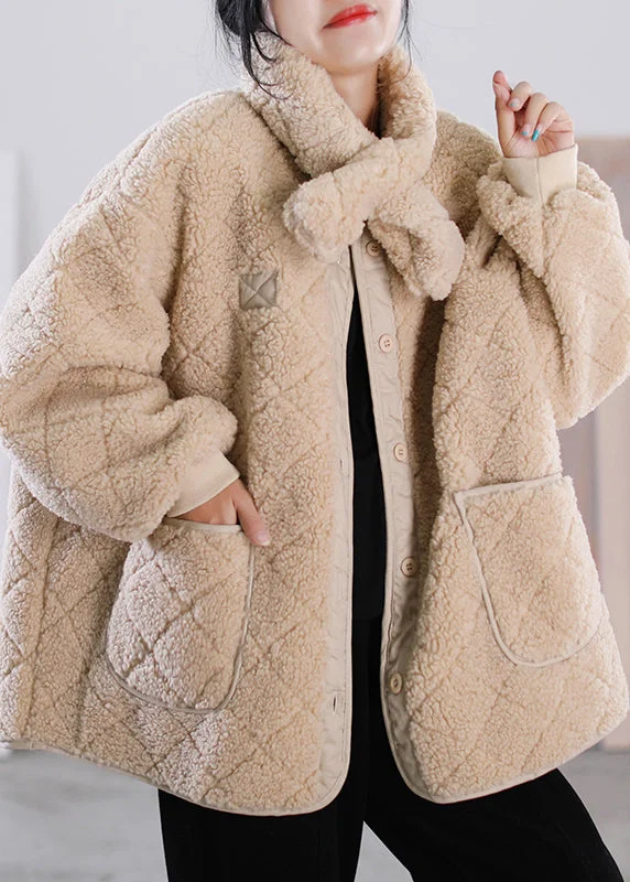 women's oversized corduroy jacket -Fashion Khaki O-Neck Button Pockets Faux Fur Coat Winter