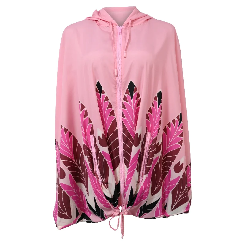 waterproof windproof raincoat for women -Valentino Garavani Printed Zipped Hooded Jacket in Pink Polyamide