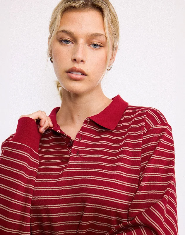 women's striped long sleeve shirt -Kemillau Baggy Shirt in Burgundy with White Stripes