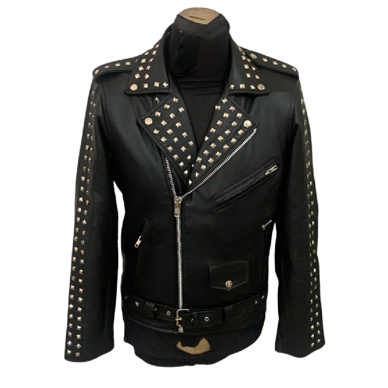 winter-ready faux shearling jacket for women -Trevor's studded black biker leather jacket