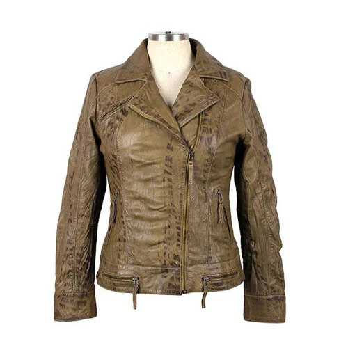 women's biker-style leather jacket -Womens Sterling Olive Green Waxed Leather Jacket