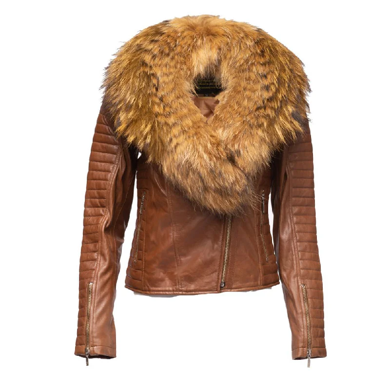 ladies' fur-lined jacket -Women's Large Fur Shawl leather jacket with ribbed sleeve detailing