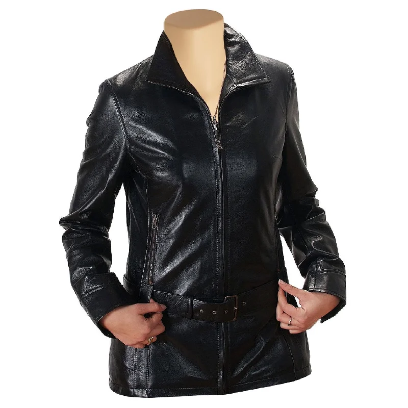 cropped wool blazer for women -Women's Donna Black Leather Jacket with Front Zipper