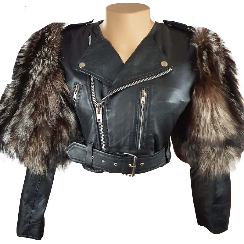 elegant wool cape for women -Jasmine Becker’s Cropped Leather Jacket With Belted Waist and Real Fox Fur on Sleeves