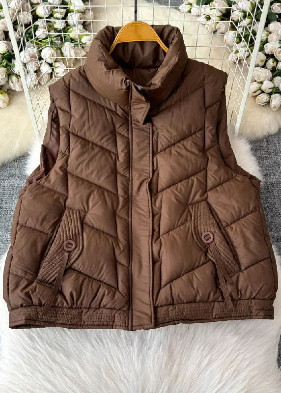 women's lightweight cargo jacket -Casual Coffee Stand Collar Pockets Patchwork Parka Waistcoat Winter