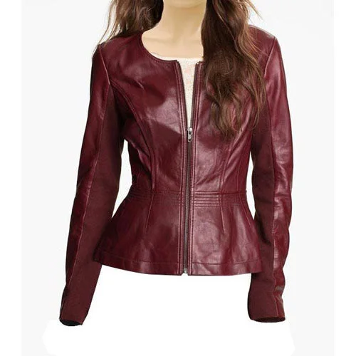 women's thermal long coat -Women’s Maroon Collarless Leather Jacket