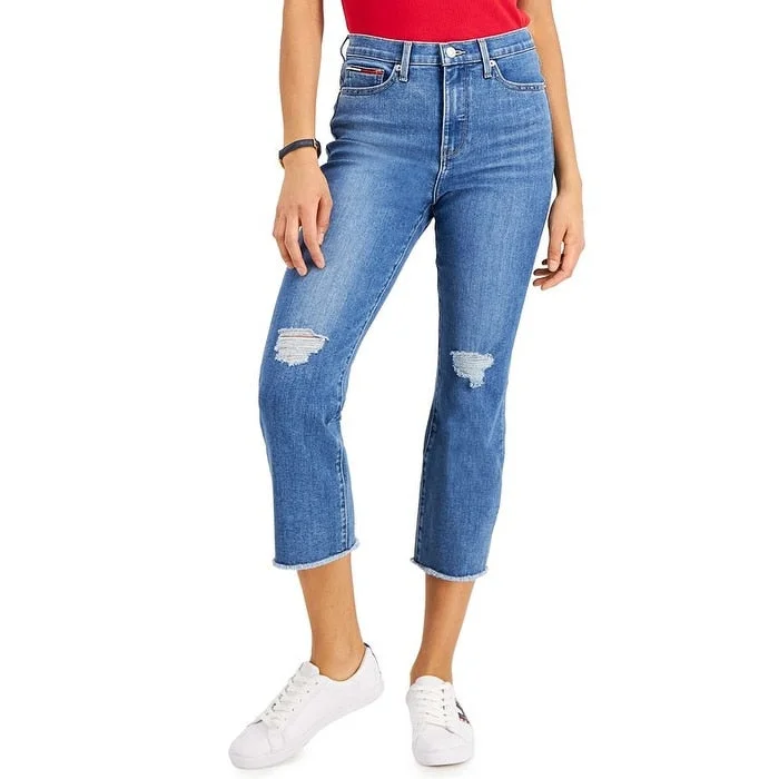 women's straight-leg denim pants -Tommy Jeans Women's Ripped Cropped Jeans Blue Size 26