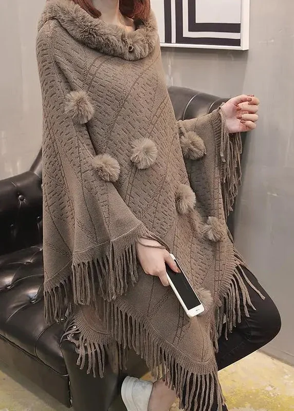 fitted wool blend coat for women -Boutique Chocolate Fur Collar Tassel Long Knit Sweater Coats Batwing Sleeve