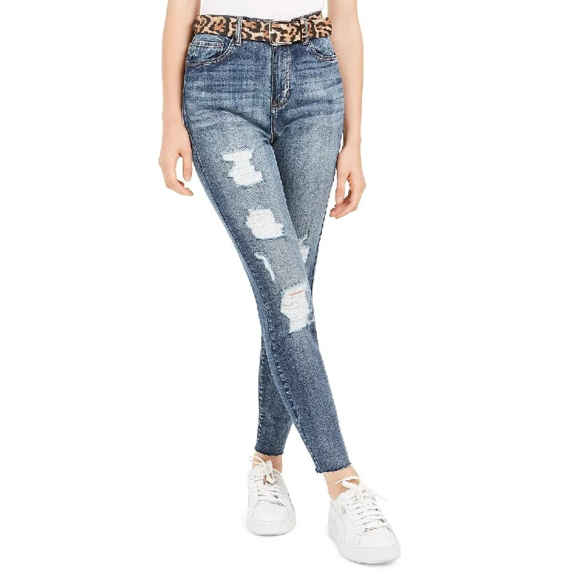 high-rise tapered jeans for women -Dollhouse Junior's Ripped Skinny Jeans With Belt Navy Size 5