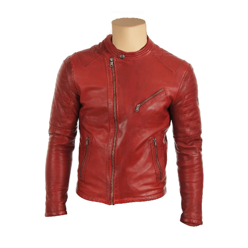 women's classic pea coat -Red moto style jacket with stitching pattern