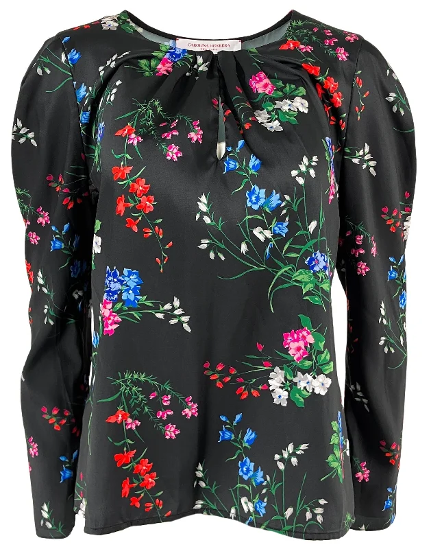 women's classic polo shirt -Carolina Herrera Floral Print Blouse in Black Multi