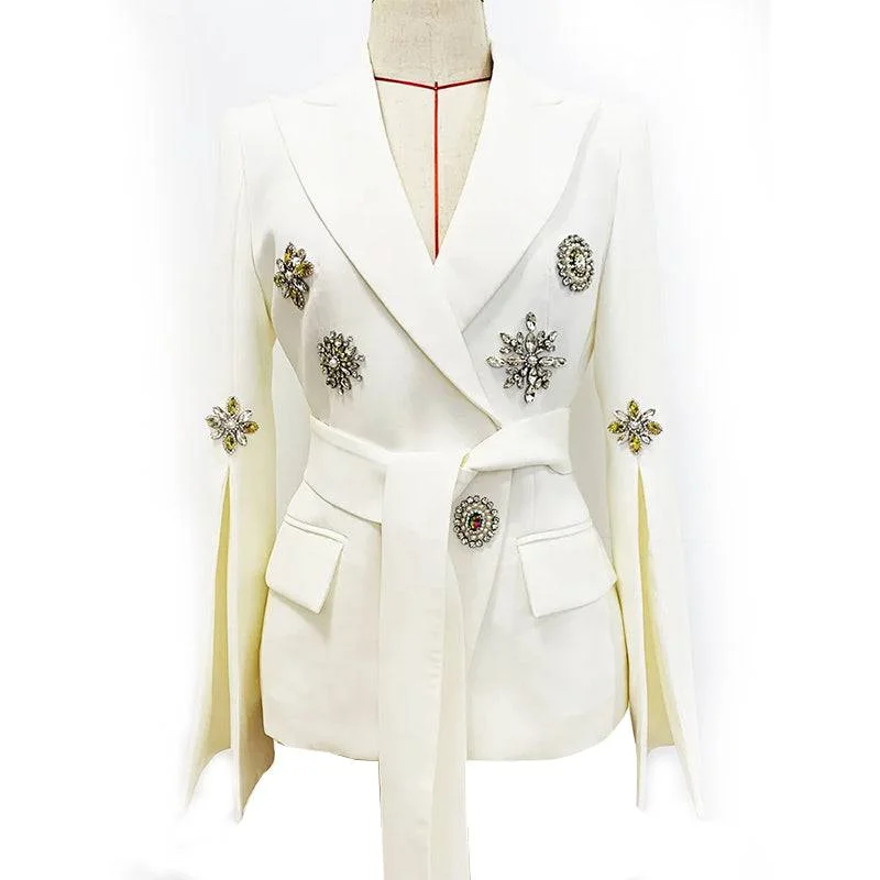 fitted wool blend coat for women -Kelly Belted Embroidery Flare Sleeves Blazer Jacket