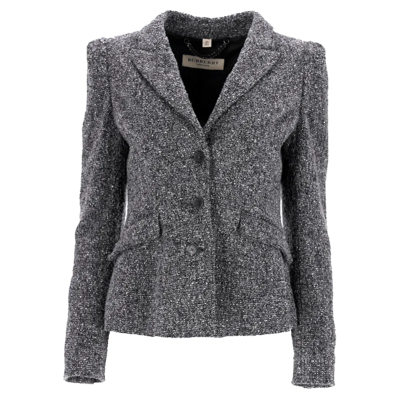 professional work blazer for women -Burberry London Single-Breasted Tweed Blazer in Grey Polyester