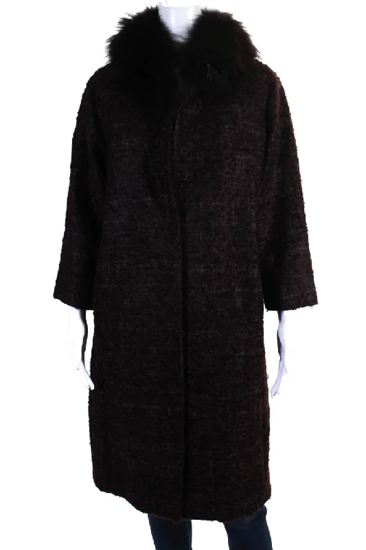 women's double-breasted coat -Shannon Mclean Womens Tweed Fur Trim Button Down Long Coat Dark Purple