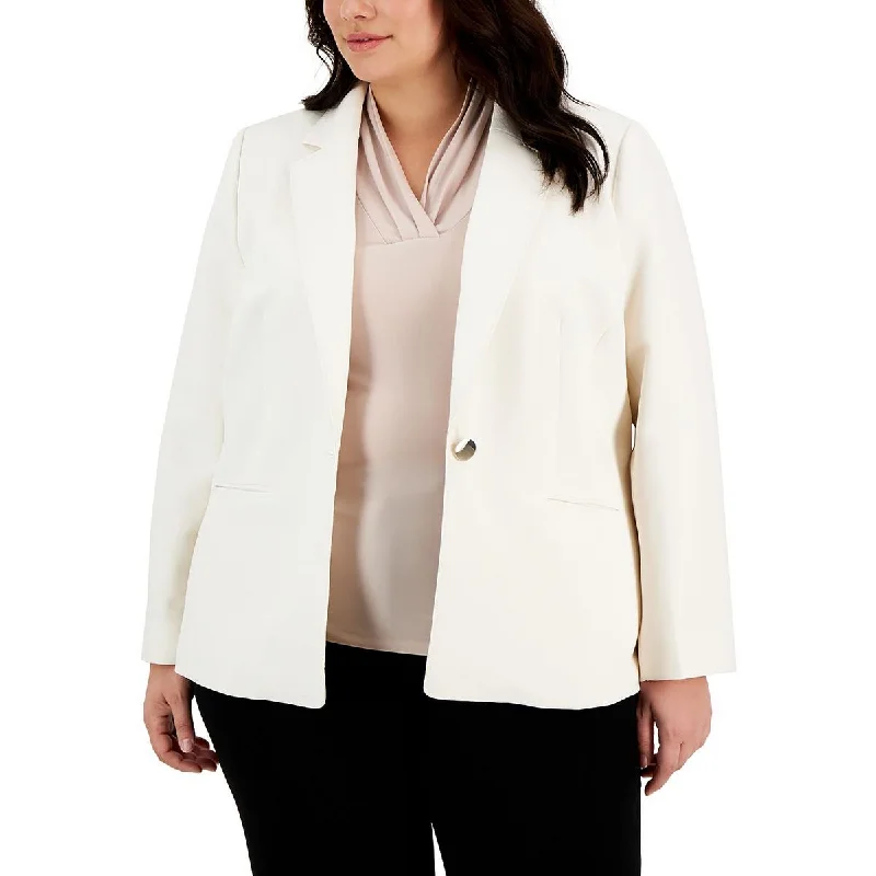 fashionable metallic puffer jacket for women -Anne Klein Womens Plus Solid Crepe One-Button Blazer