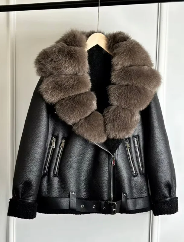 luxury faux fur coat for women -Luxurious Women's Eco-Leather Sheepskin Coat with Natural Fur