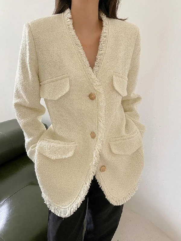 women's fur-trimmed parka -Tweed Cardigan Blazer Jacket Coat 2 Colors Black White