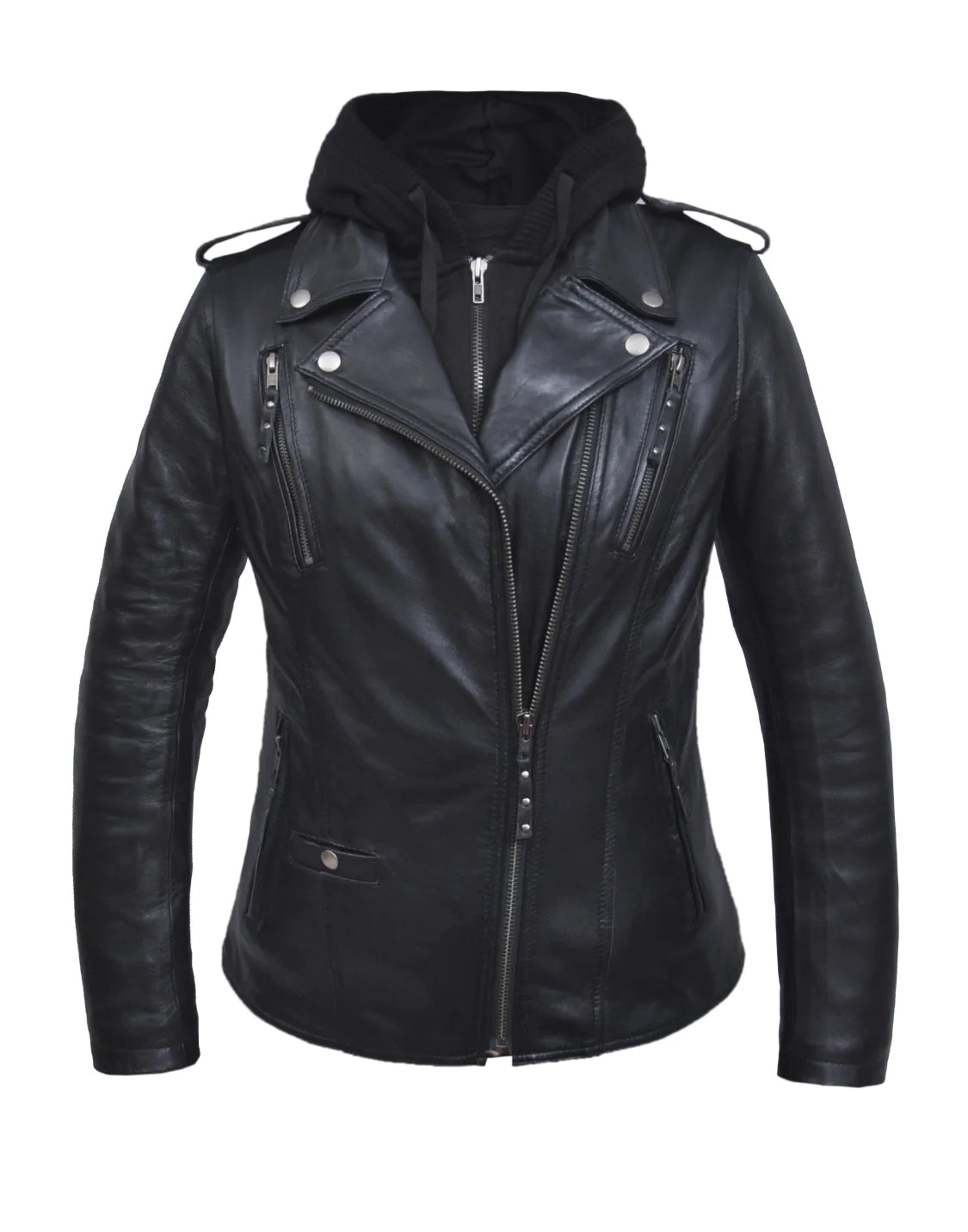 stylish longline coat for women -6841- Women's Hooded Black Leather Jacket