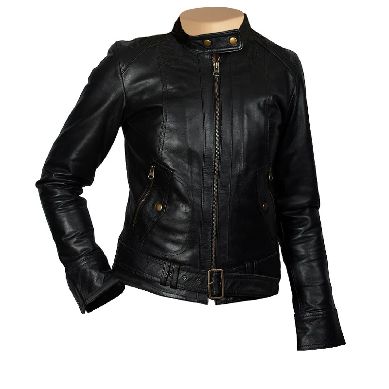 urban style cropped puffer jacket -Women’s Devora Black Leather Jacket With Front Zipper