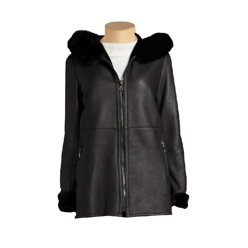 women's relaxed boyfriend blazer -Sierra's Black Leather Jacket with Hoodie