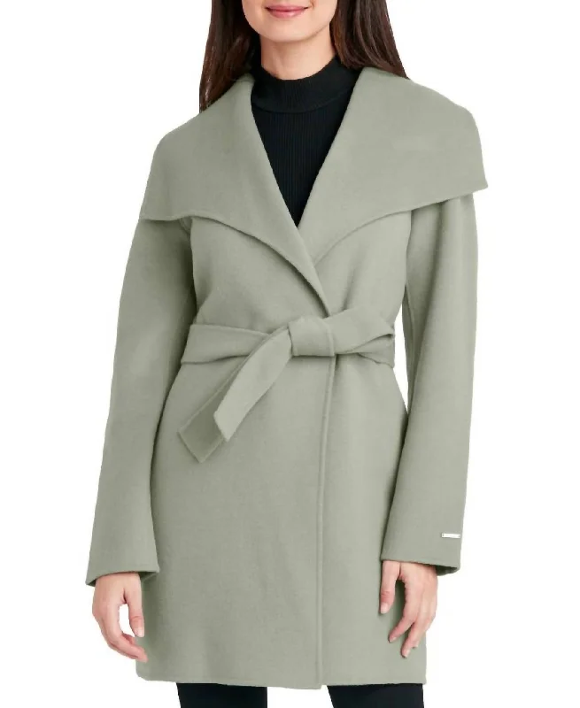 lightweight packable jacket for women -Women Tie Belt Wing Collar Wool Wrap Coat In Sage