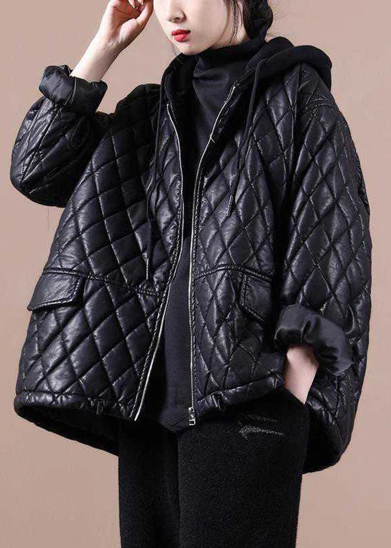 women's oversized corduroy jacket -Luxury Black Hooded Zippered Patchwork Winter Winter Coats Long Sleeve