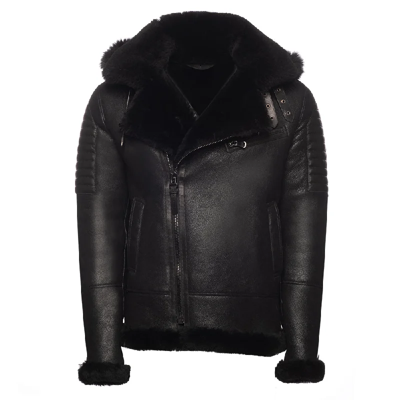 casual zip-up hoodie jacket for women -Lucas Black Aviator bomber shearling jacket with Hoodie