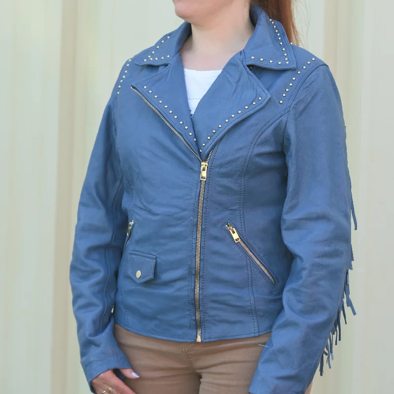 lightweight quilted jacket for women -Women's Studded Leather Jacket with Removable Fringe