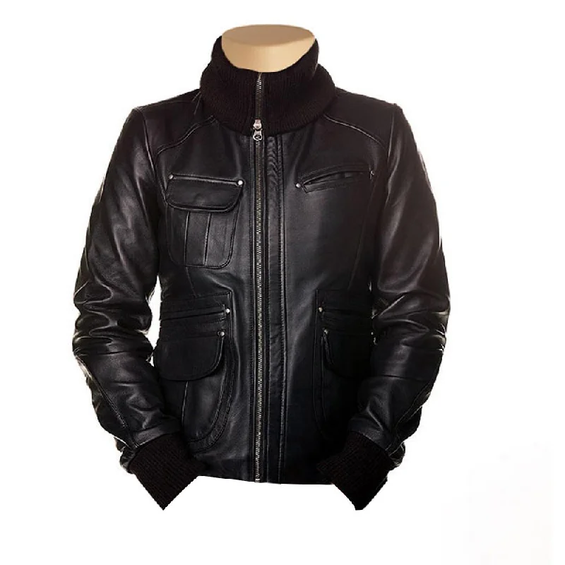 urban streetwear jacket for women -Women's Deborah Black Leather Jacket with 6 pockets