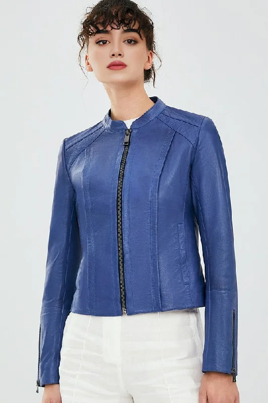 sporty track jacket for women -Eden Judith Blue Women Leather Jacket