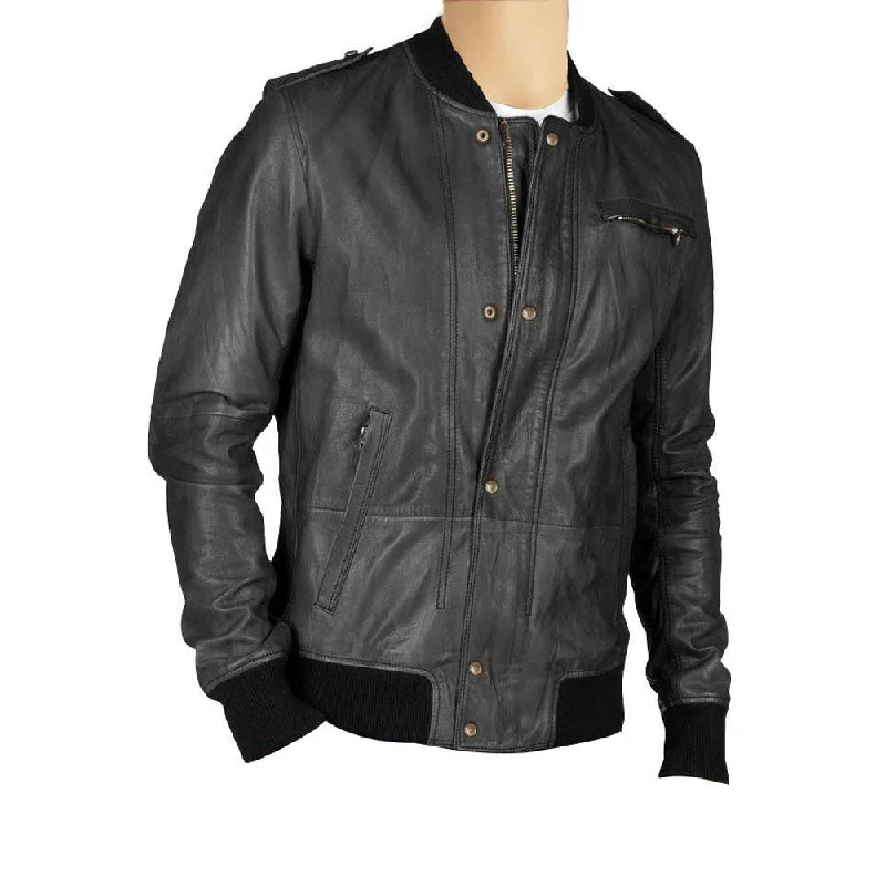 women's relaxed boyfriend blazer -Black bomber leather jacket with button closure