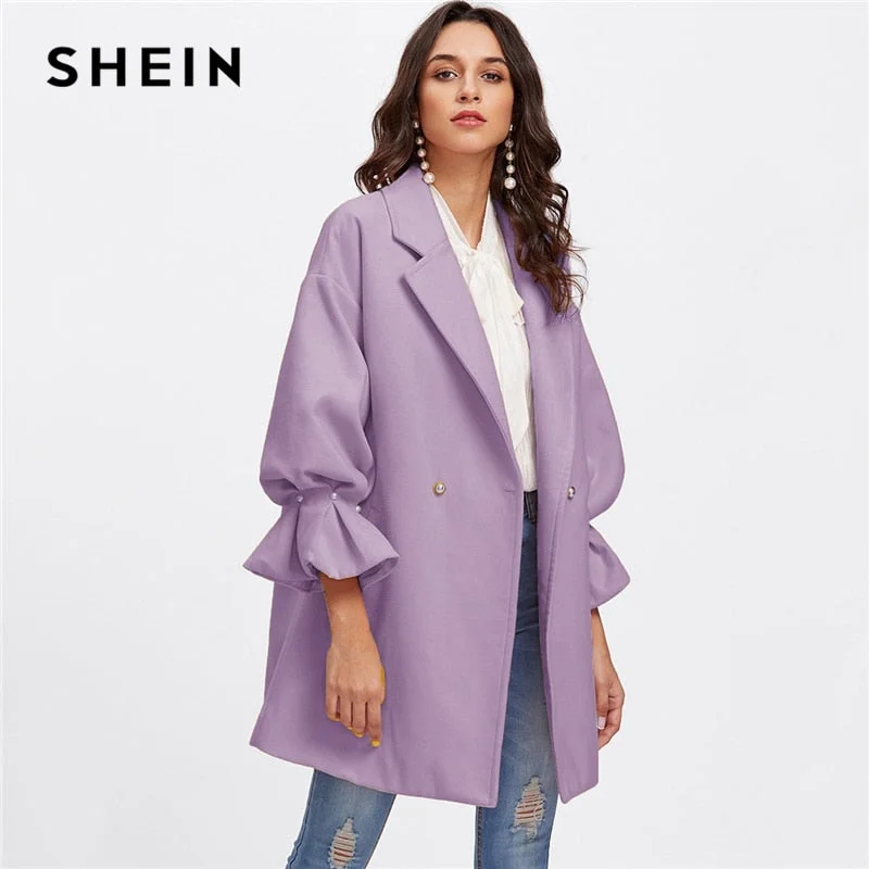 casual oversized shacket for women -Pur Drop Shoulder Pearl Detail Ruffle Cuff Solid Coat