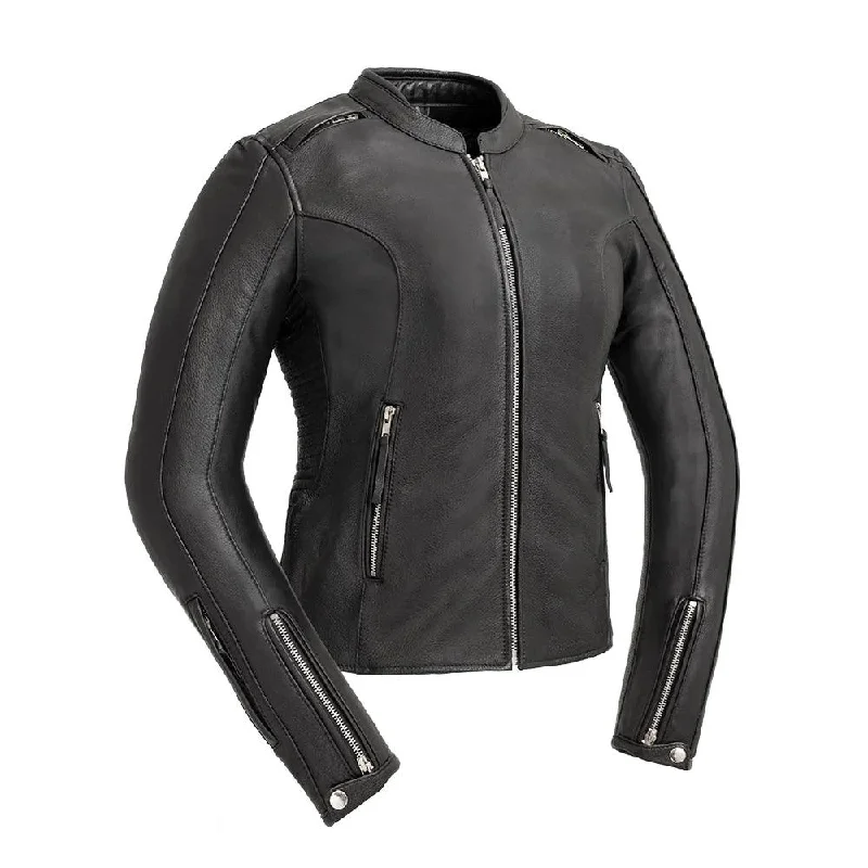 classic trench raincoat for women -Cyclone Womens Motorcycle Leather Jacket by First MFG