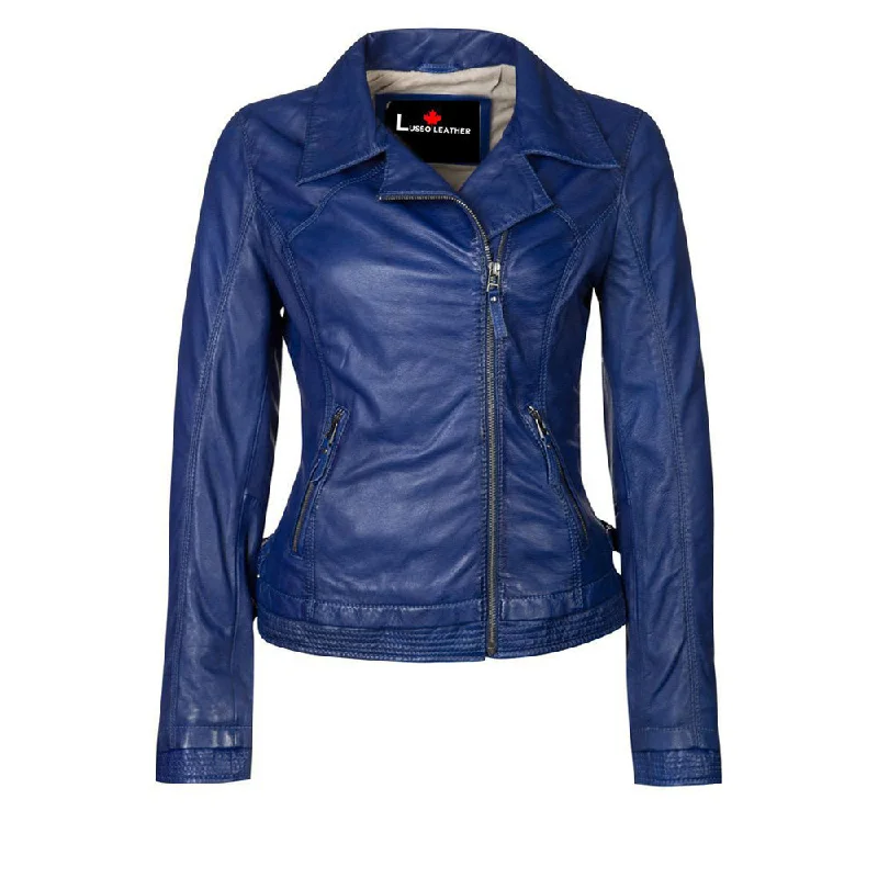 women's teddy bear coat -Women's blue biker leather jacket