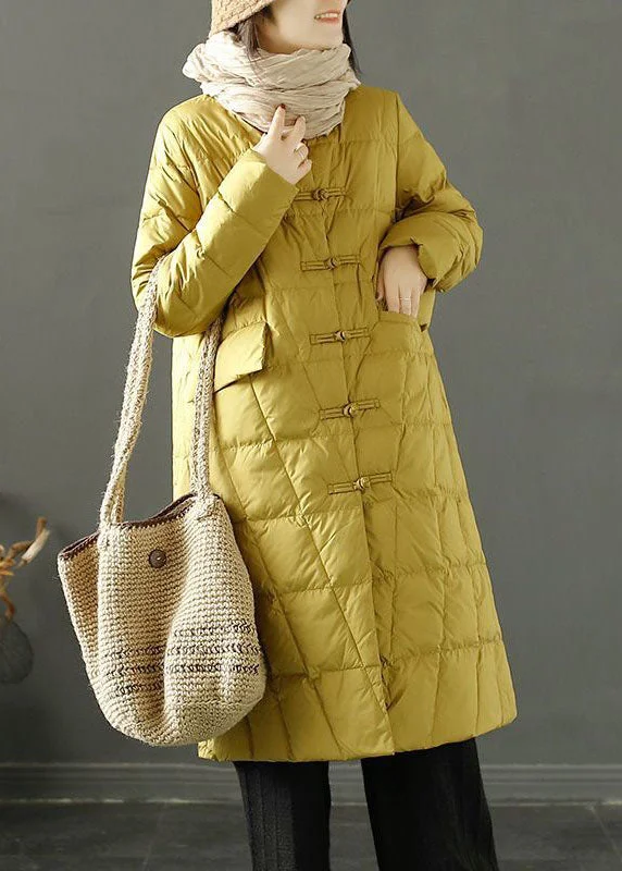 warm padded coat for women -Yellow Duck Down Puffer Jacket Stand Collar Oriental Button Winter