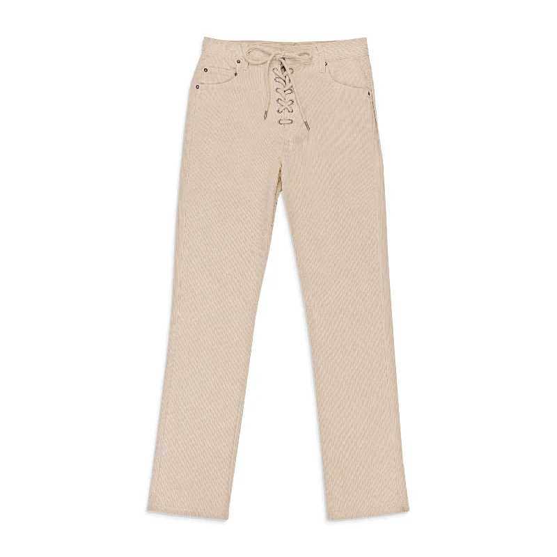 women's double-layer denim jeans -CALLIPYGIAN STRETCH CURDUROY OFF-WHITE LACE-UP JEANS