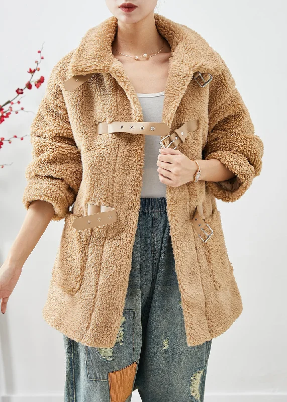 ladies' designer overcoat -Unique Khaki Peter Pan Collar Pockets Faux Fur Teddy Coats Winter