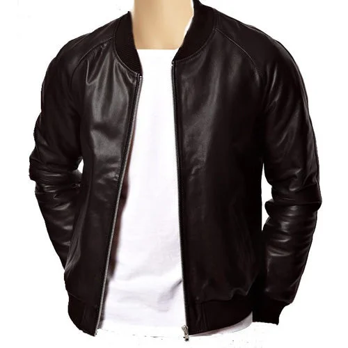 cropped faux leather jacket for women -Black bomber style ribbed jacket