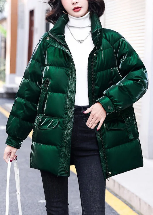 cozy teddy coat for ladies -Loose Green Zippered Pockets Duck Down Coats Winter